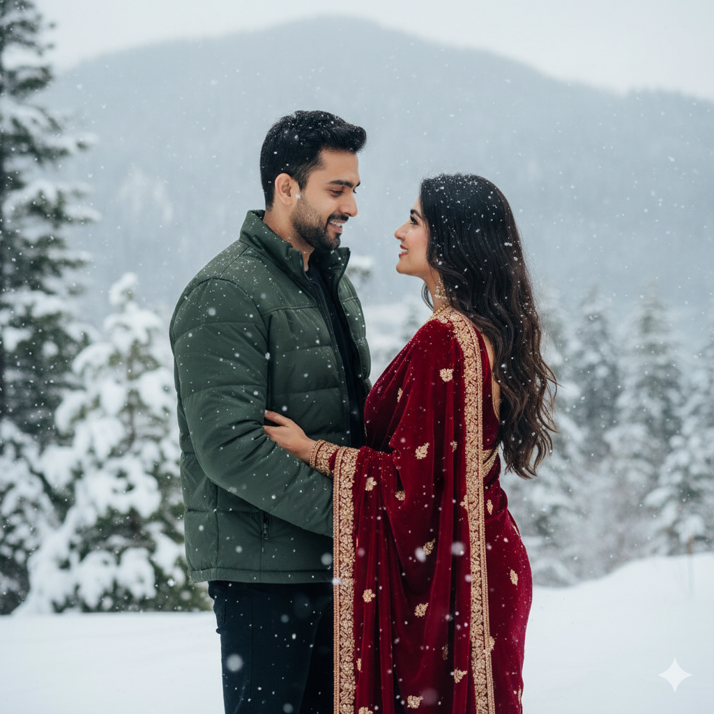 10 Viral Winter Gemini AI Photo Editing Prompts for Boys -Snowy Couple Portrait