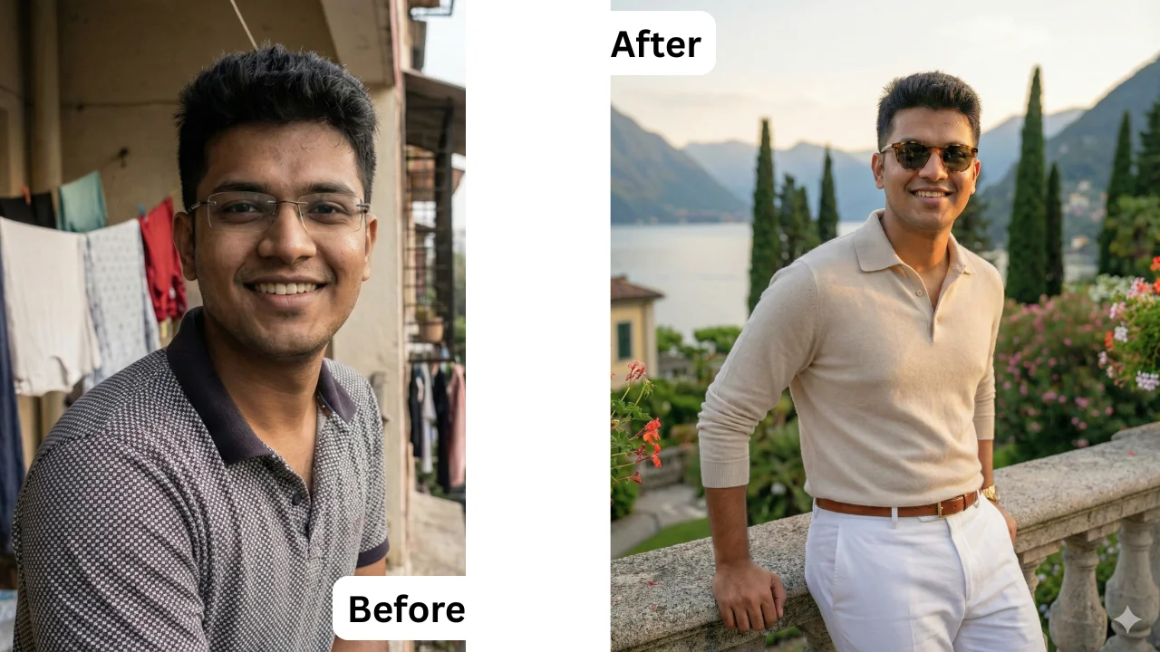 A luxurious 'Old Money' aesthetic photo of a boy in a linen shirt overlooking Lake Como at sunset, edited using Gemini prompts for boys from an original selfie