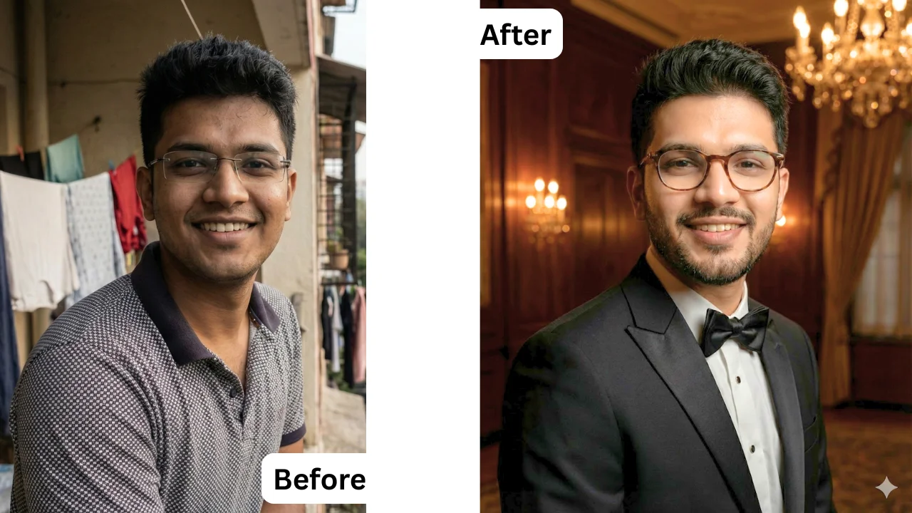 Cinematic AI photo edit of a man wearing a black tuxedo in a dimly lit crystal ballroom, created using advanced Gemini prompts for boys
