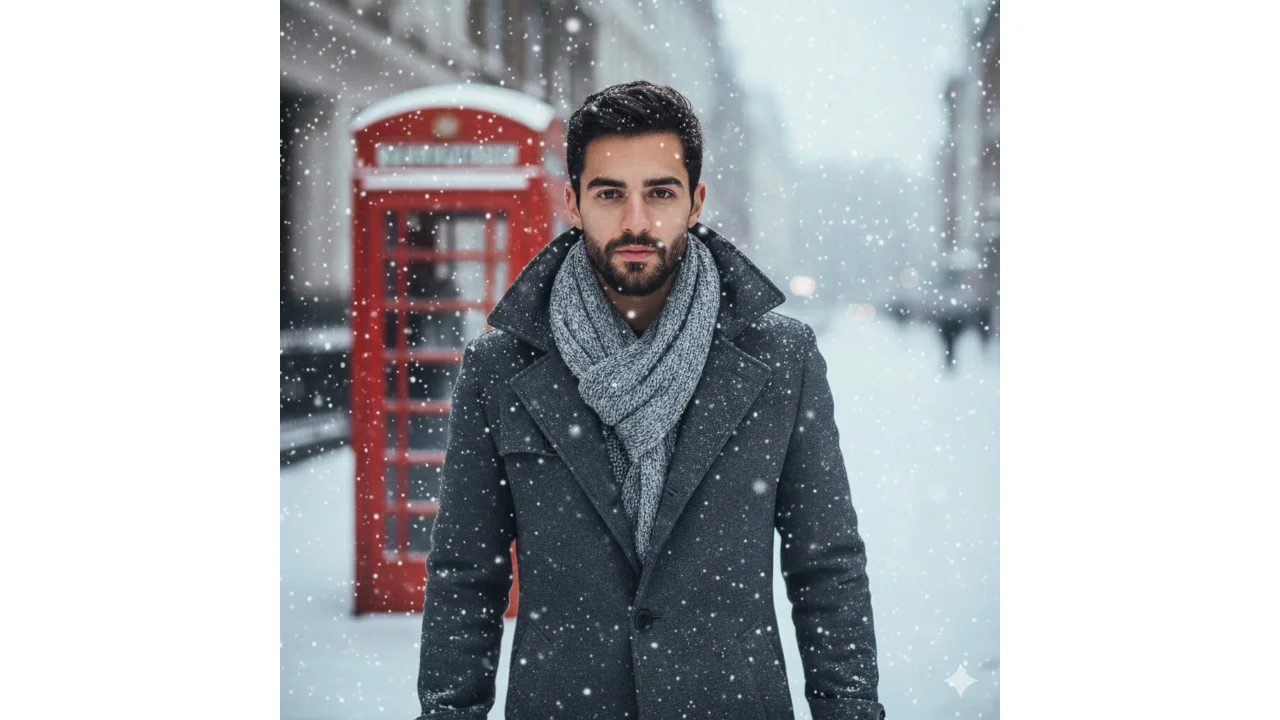 Cozy winter aesthetic photo of a boy in a white cable-knit sweater inside a rustic log cabin with a fireplace, edited using seasonal Gemini Prompts for Boys