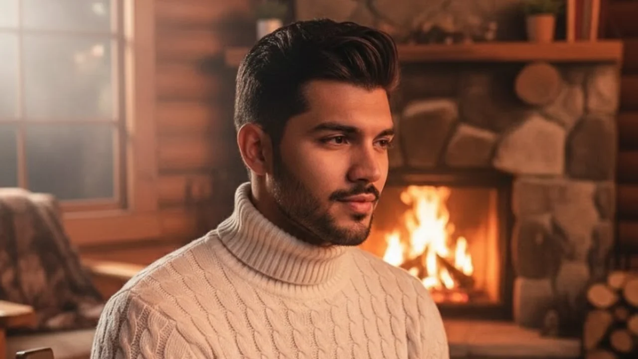 Cozy winter aesthetic photo of a boy in a white cable-knit sweater inside a rustic log cabin with a fireplace, edited using seasonal Gemini prompts for boys
