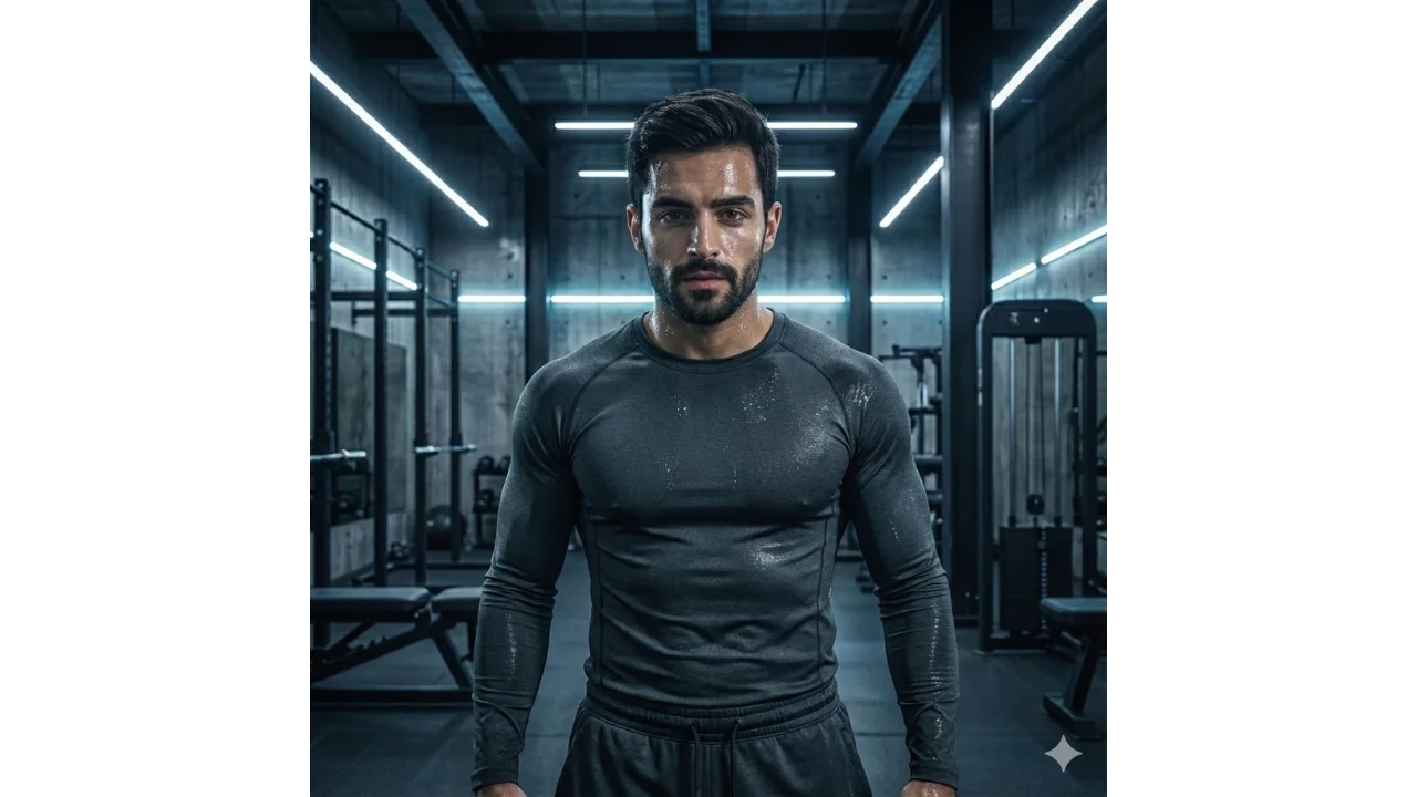 Dramatic fitness portrait of a muscular young man in a dark industrial gym with hard lighting, enhanced using Gemini AI photo editing prompts for male physiques