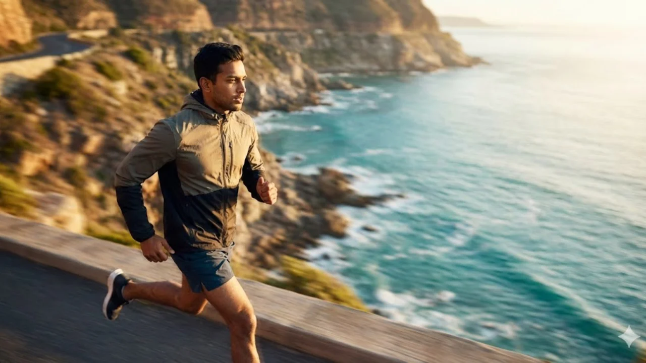 Energetic action shot of a fit boy running on a coastal road at sunrise, showcasing motion blur effects created by Gemini prompts for boys