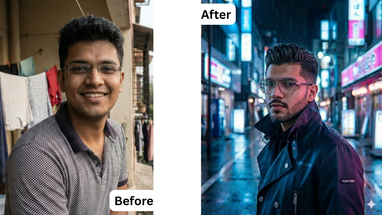 Futuristic cyberpunk portrait of a stylish boy on a neon-lit rainy street in Tokyo at night, generated with stunning detail using Gemini prompts for boys