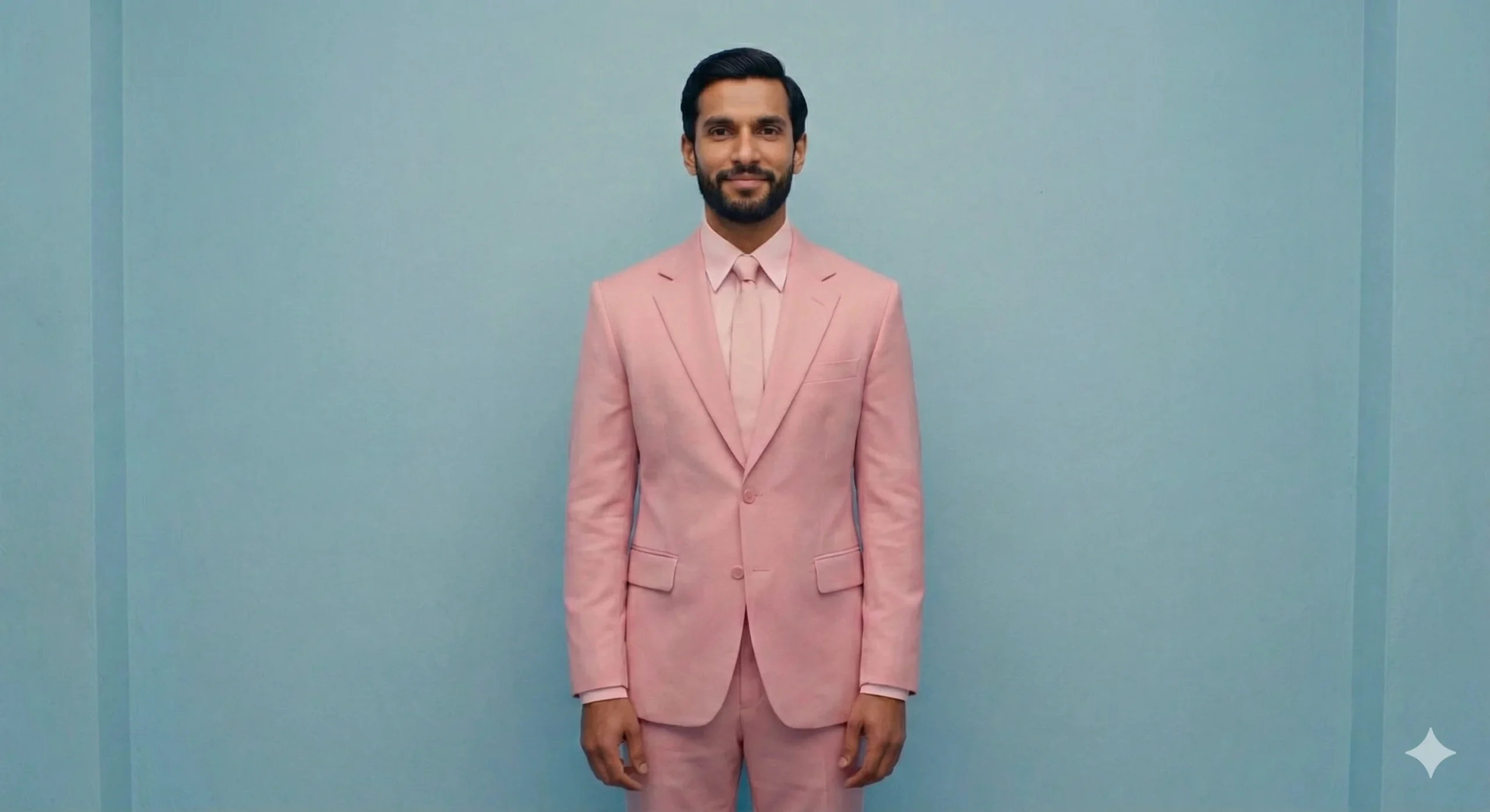 Quirky, symmetrical pastel portrait of a boy in a pink suit in the distinct cinematic style of Wes Anderson, generated by Gemini