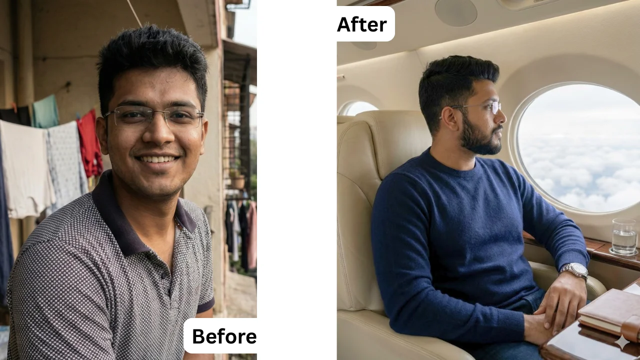 Hyper-realistic generative AI portrait of a young man sitting in a cream leather seat on a private jet, using Gemini Prompts for Boys