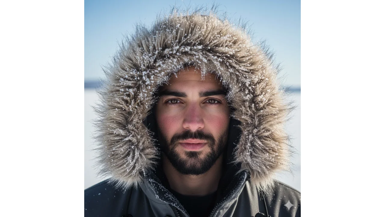 Intense National Geographic style close-up portrait of a boy in a frosted fur hood in an arctic setting, created with Gemini prompts for boys