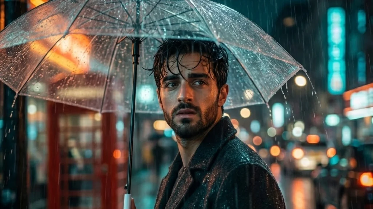 Moody K-Drama inspired movie still of a boy under a clear umbrella in the rain at night with teal and orange grading, edited using cinematic Gemini AI prompts