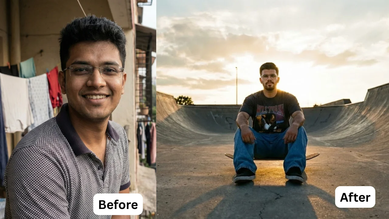 Nostalgic golden hour photograph of a teenage boy skateboarding at a concrete park at sunset, generated using cinematic Gemini AI prompts for boys