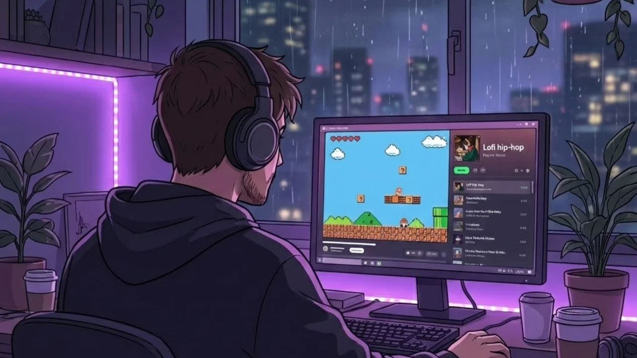 Cozy anime-style illustration of a faceless boy at a gaming desk setup with purple lofi aesthetics, perfect for avatars generated by Gemini AI prompt for boys